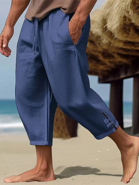 Men's Solid Color Linen Buckle Casual Trousers