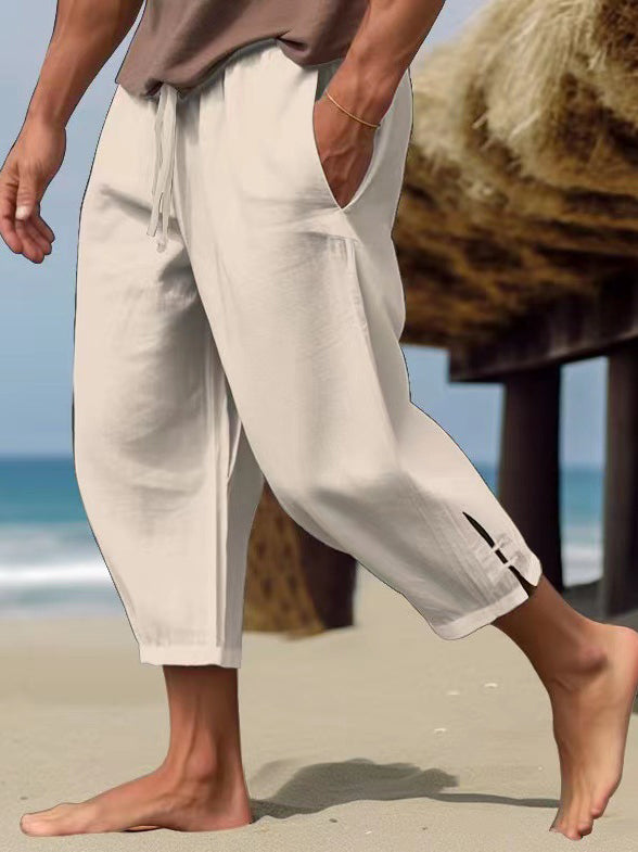 Men's Solid Color Linen Buckle Casual Trousers