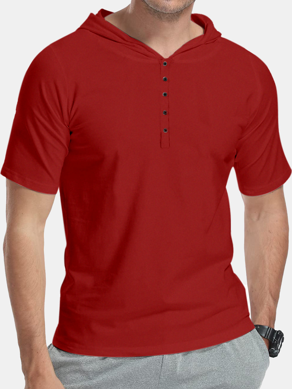 Men's Simple Solid Color Button Hooded Short-sleeved T-shirt