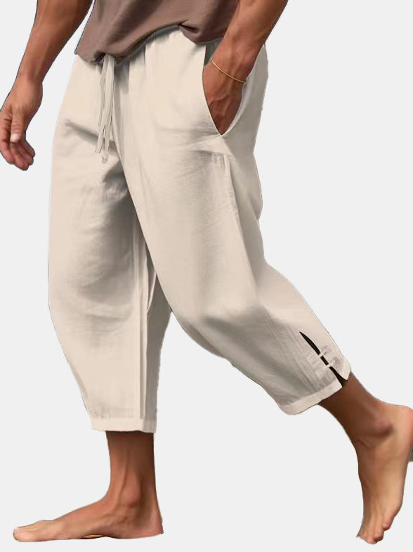 Men's Solid Color Linen Buckle Casual Trousers