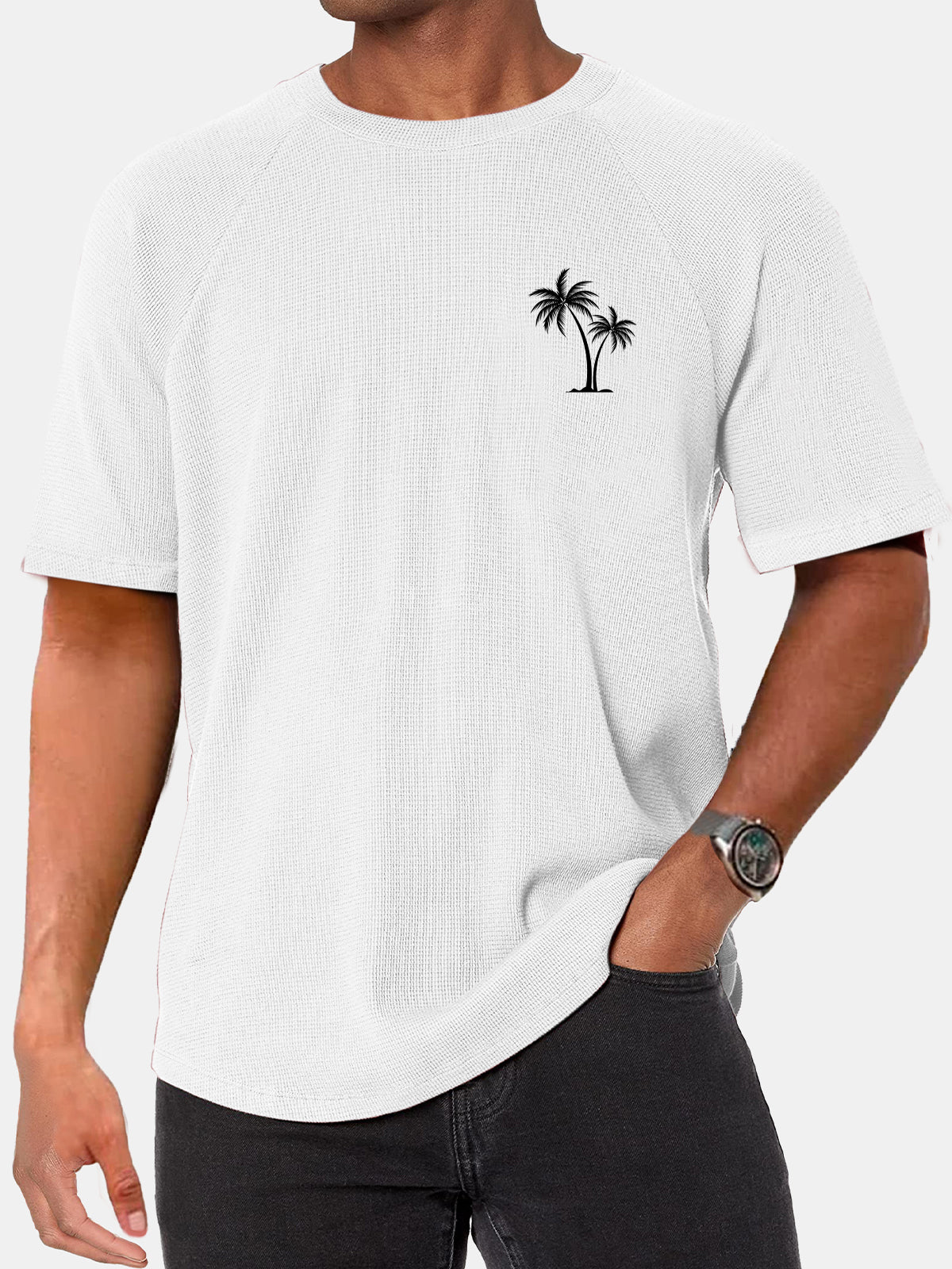 Men's Simple Hawaiian Coconut Print Waffle Raglan Short Sleeve T-shirt