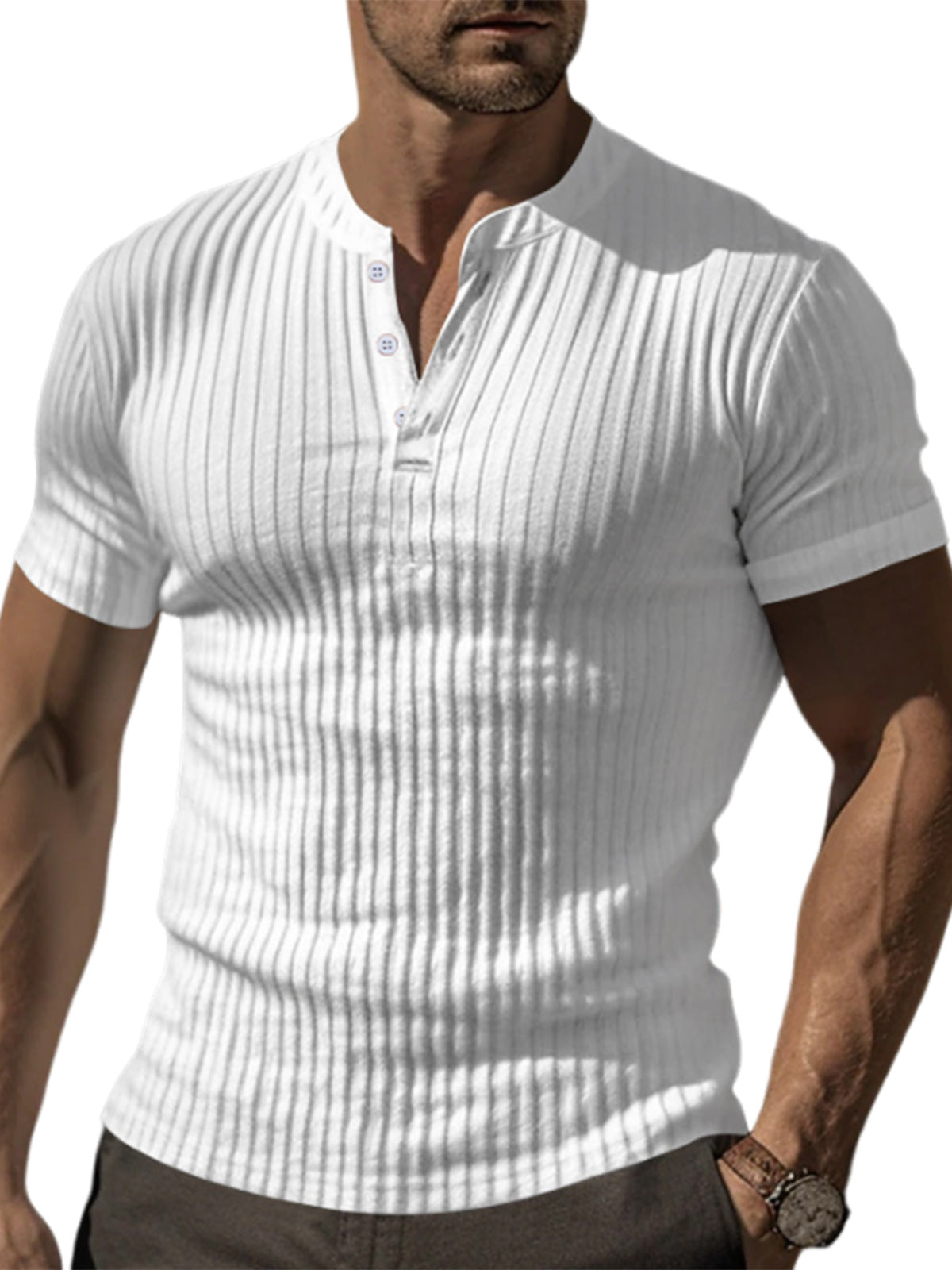 Men's solid color pit strip casual button V-neck short-sleeved Henley T-shirt