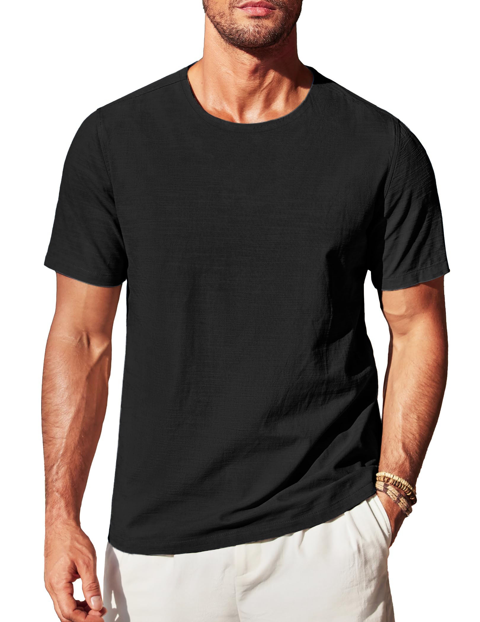 Men's Cotton and Linen Round Neck Short-Sleeved T-shirt