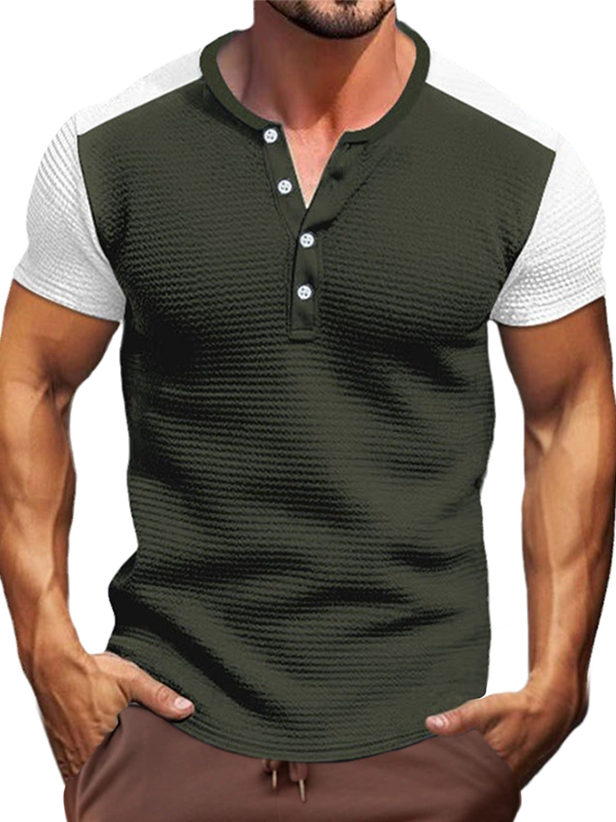 Men's Waffle Color Block Short Sleeve Henley T-Shirt