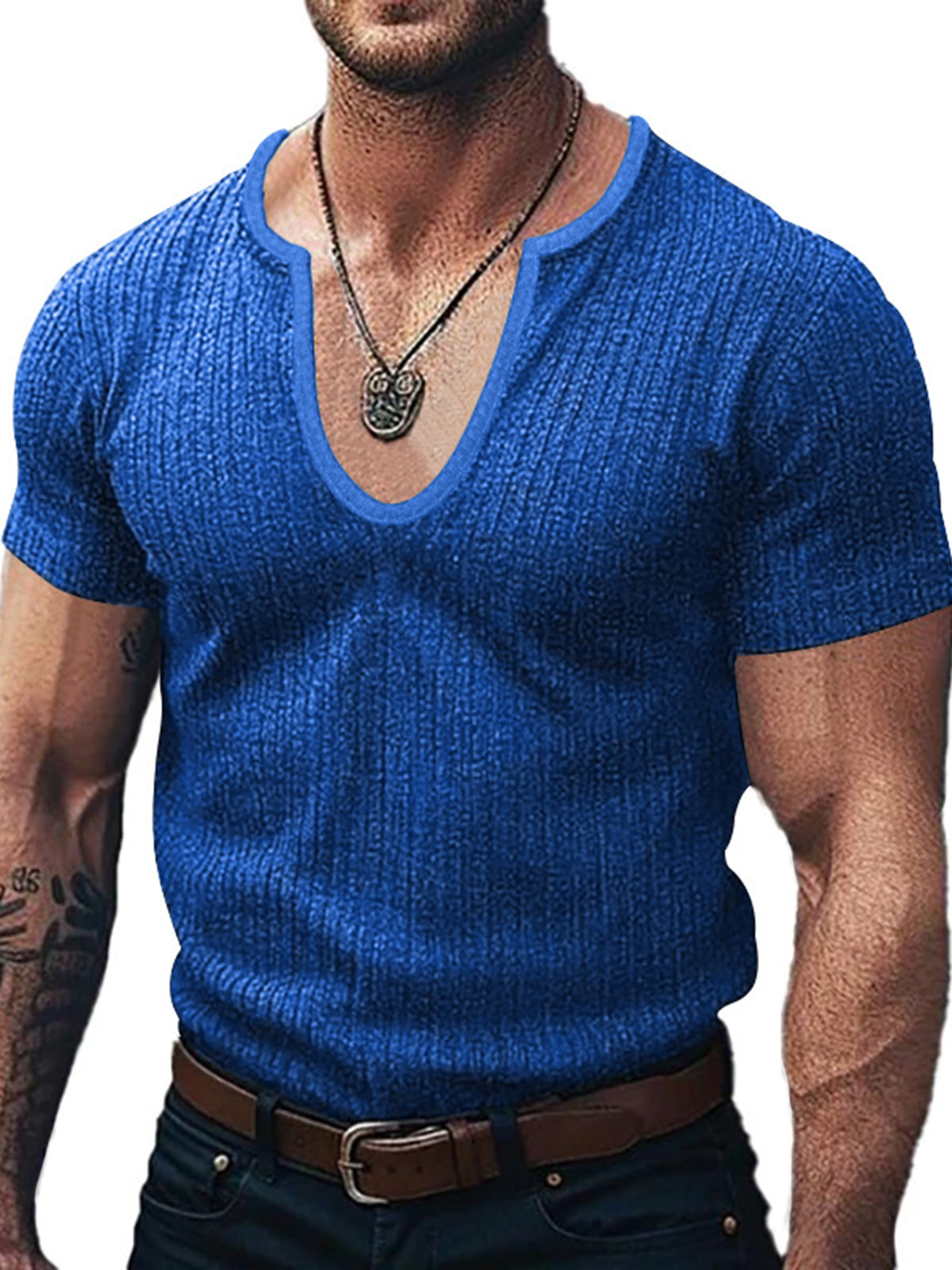 Men's U-neck striped short-sleeved T-shirt