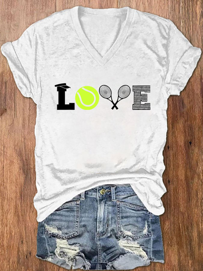 Women's Love Tennis Print V-Neck T-Shirt