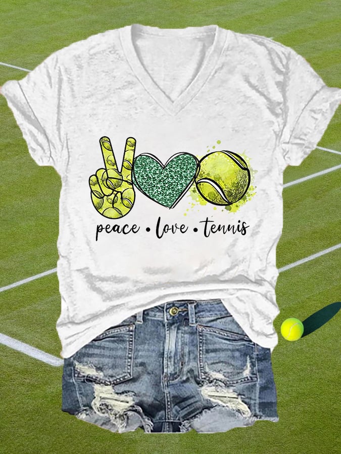 Women's Peace Love Tennis Casual V-Neck Tee