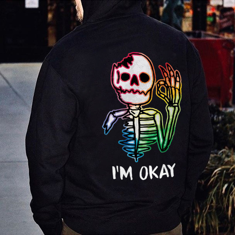 I'm Okay Fluorescent Broken Skull Printed Men's Hoodie