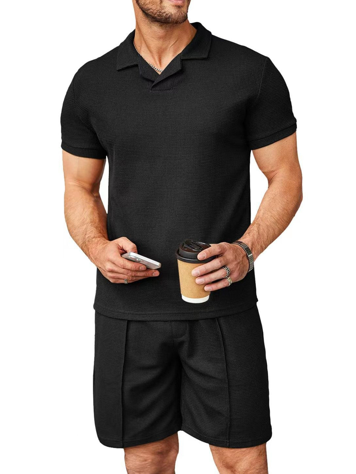 Men's Casual Solid Color Waffle V-neck Short Sleeve Shorts Suit