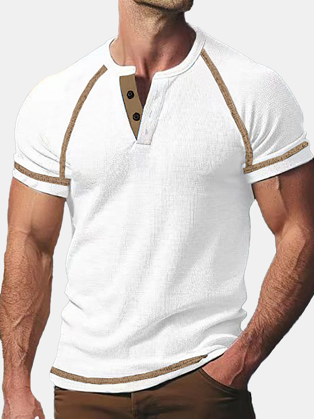 Men's Summer Solid Color Waffle Casual Sports Short Sleeve Henley T-shirt