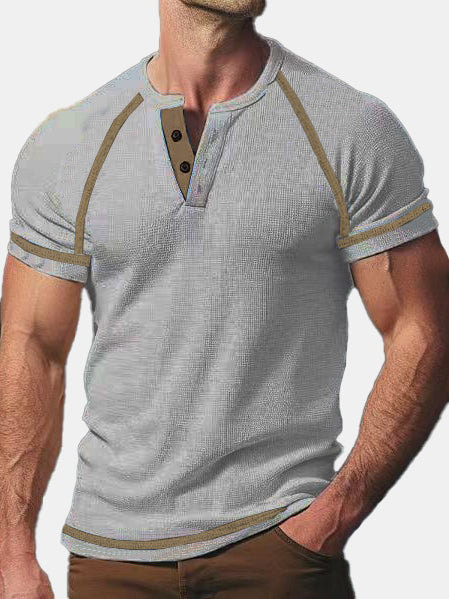 Men's Summer Solid Color Waffle Casual Sports Short Sleeve Henley T-shirt