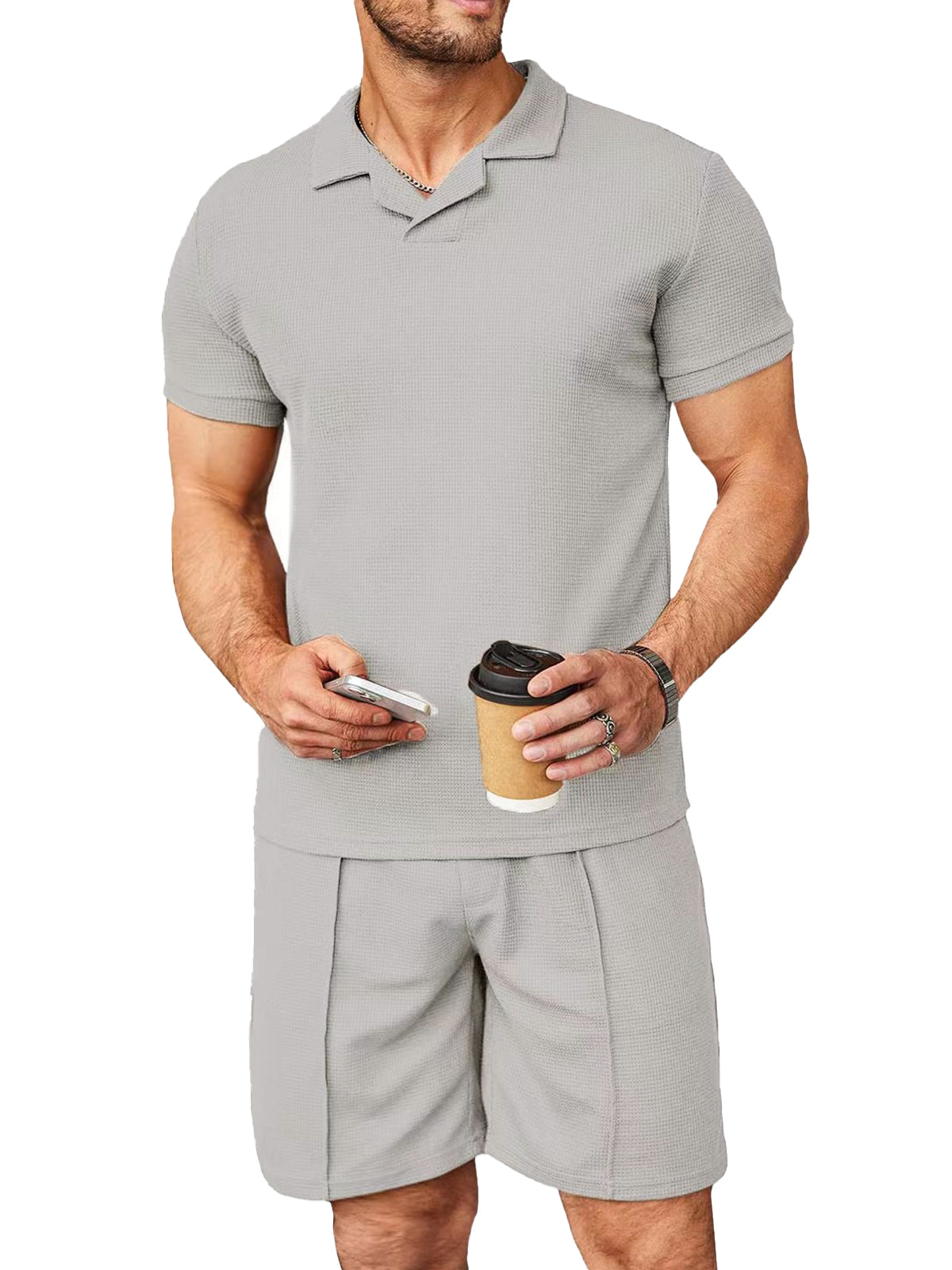 Men's Casual Solid Color Waffle V-neck Short Sleeve Shorts Suit