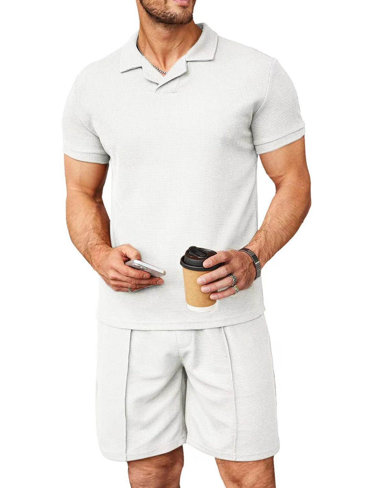 Men's Casual Solid Color Waffle V-neck Short Sleeve Shorts Suit