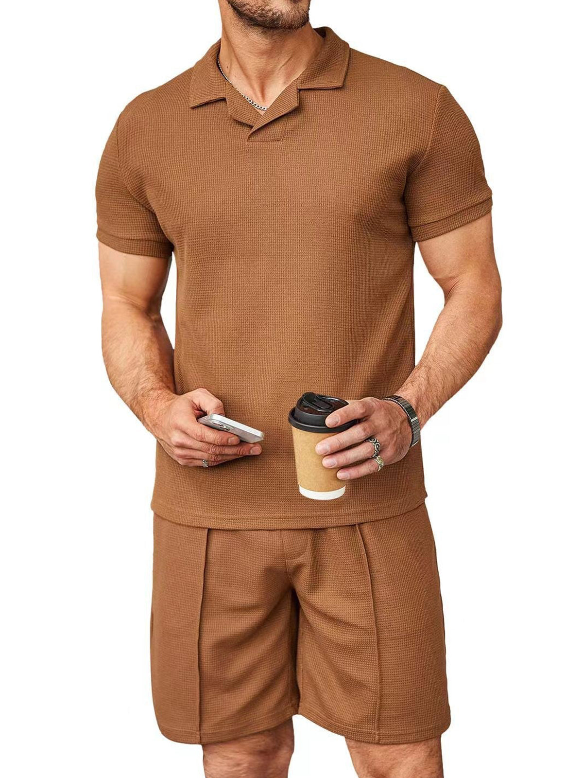 Men's Casual Solid Color Waffle V-neck Short Sleeve Shorts Suit