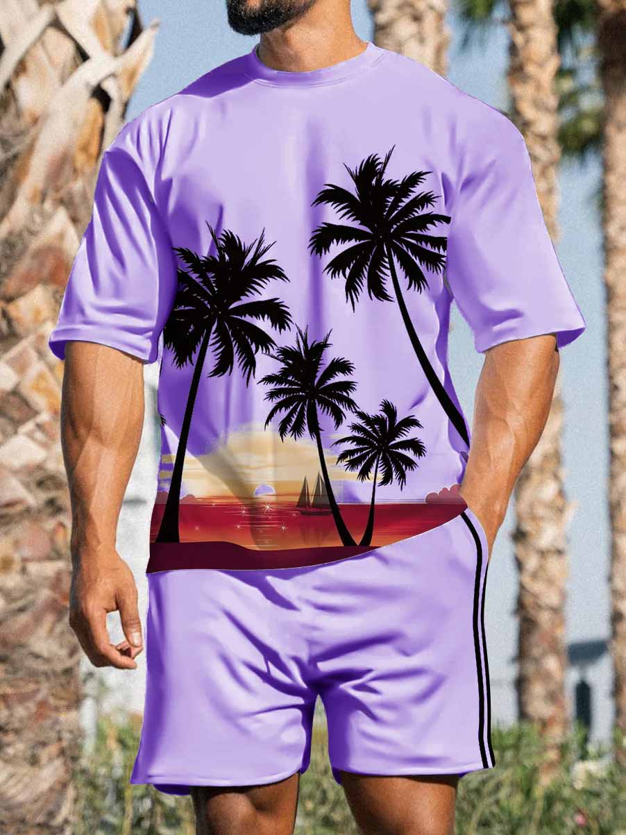 Men's Hawaiian coconut print short-sleeved T-shirt shorts two-piece set