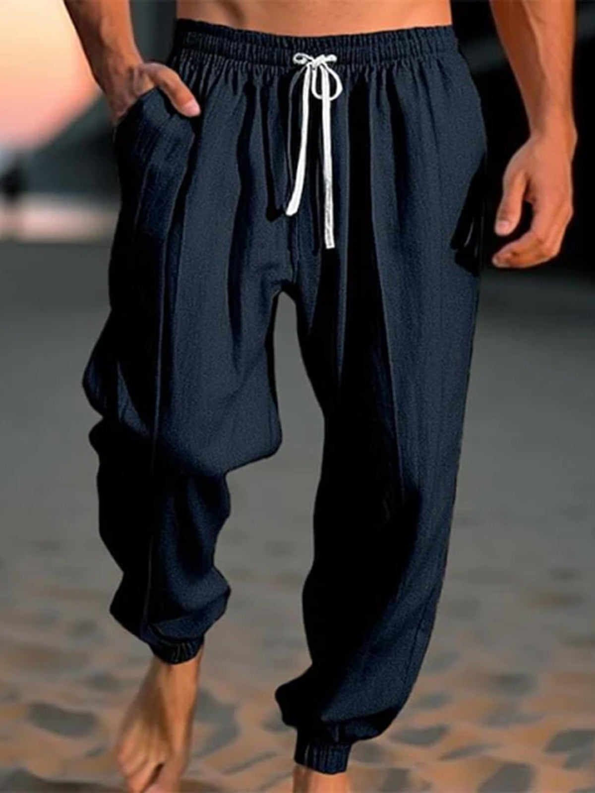 Men's cotton and linen drawstring loose casual trousers