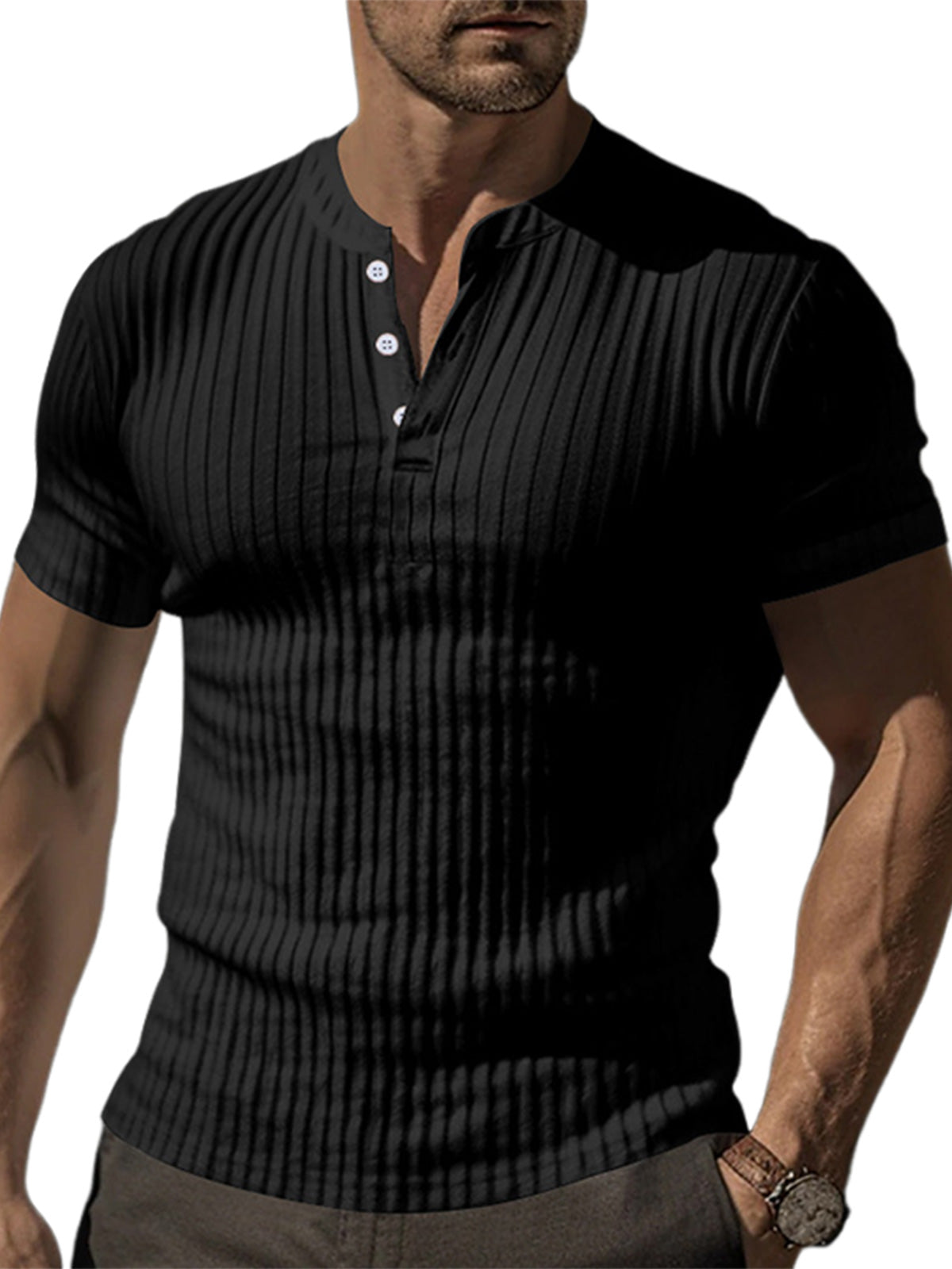 Men's solid color pit strip casual button V-neck short-sleeved Henley T-shirt