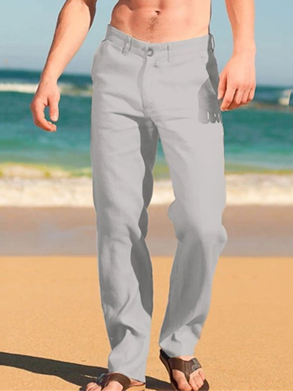 Men's linen solid color casual trousers