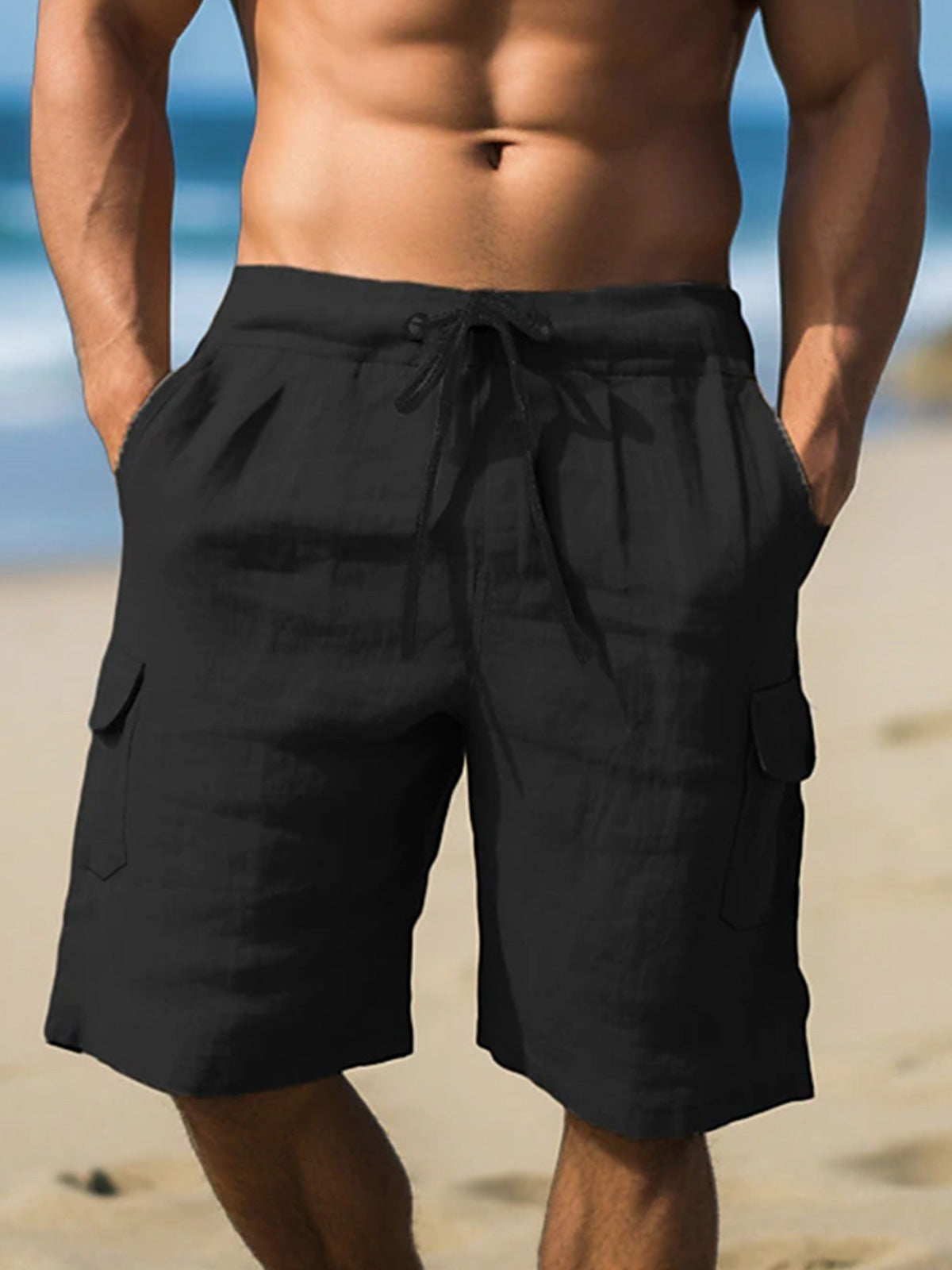 Men's Cotton and Linen Multi-Pocket Tie Beach Shorts