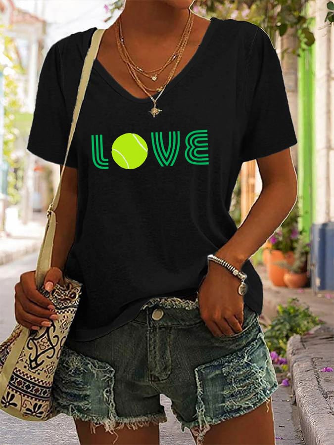 Women's Love Tennis Printed V-Neck T-shirt