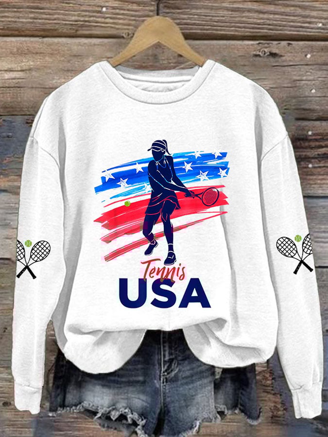 Women's Tennis Print Round Neck Sweatshirt
