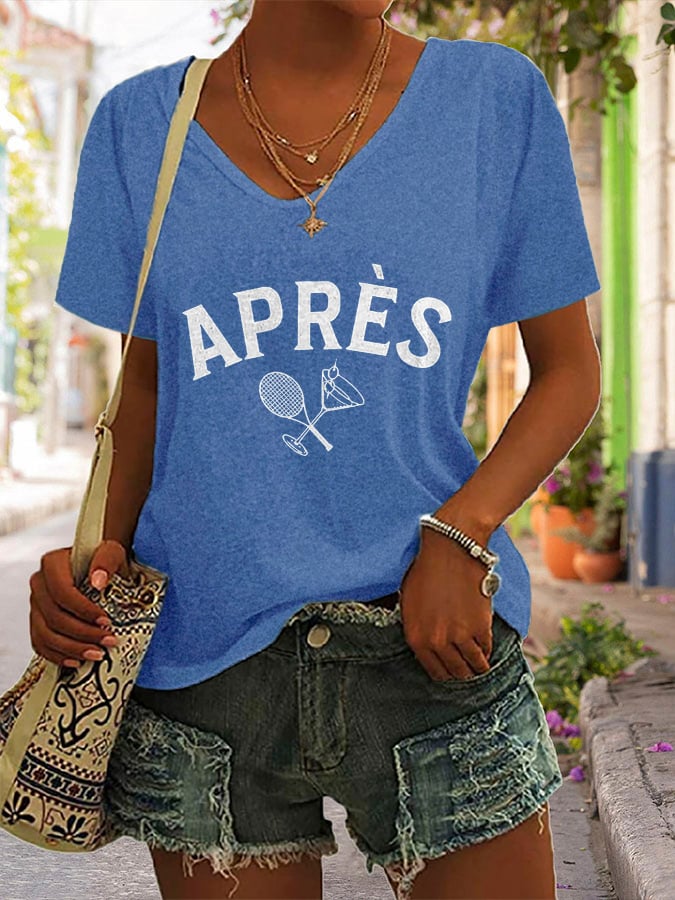 Women's Apres Tennis Printed V-Neck T-Shirt