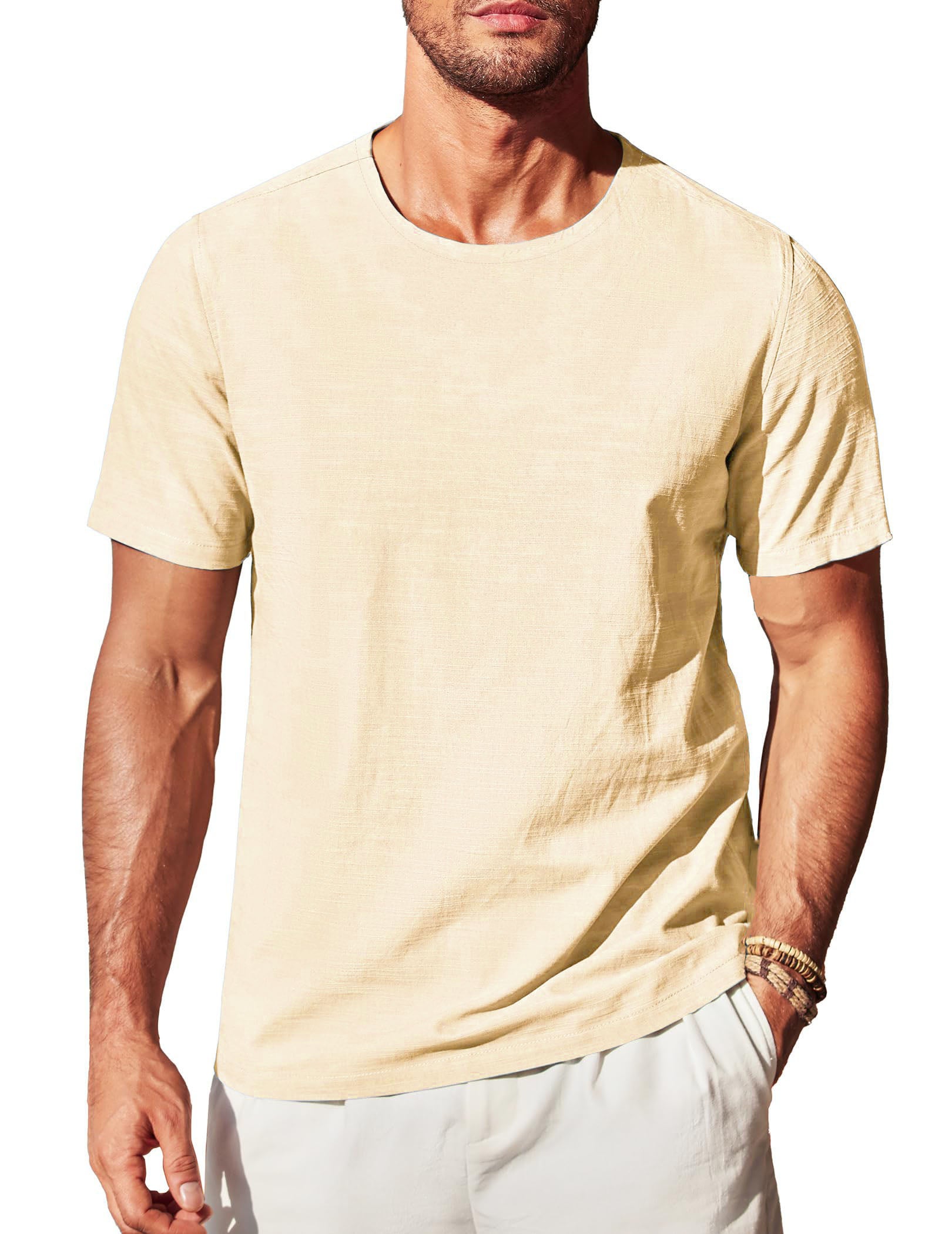 Men's Cotton and Linen Round Neck Short-Sleeved T-shirt