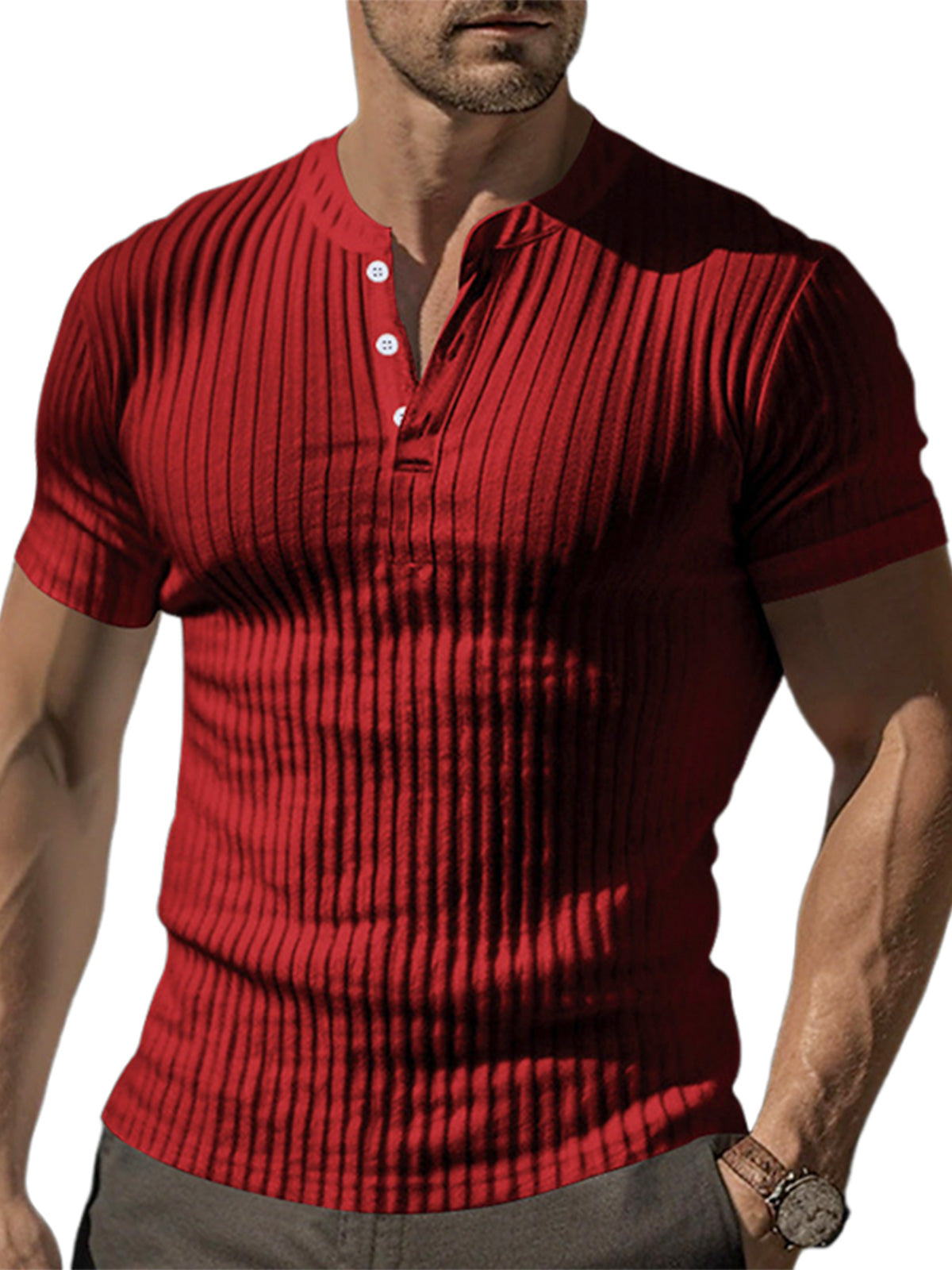 Men's solid color pit strip casual button V-neck short-sleeved Henley T-shirt