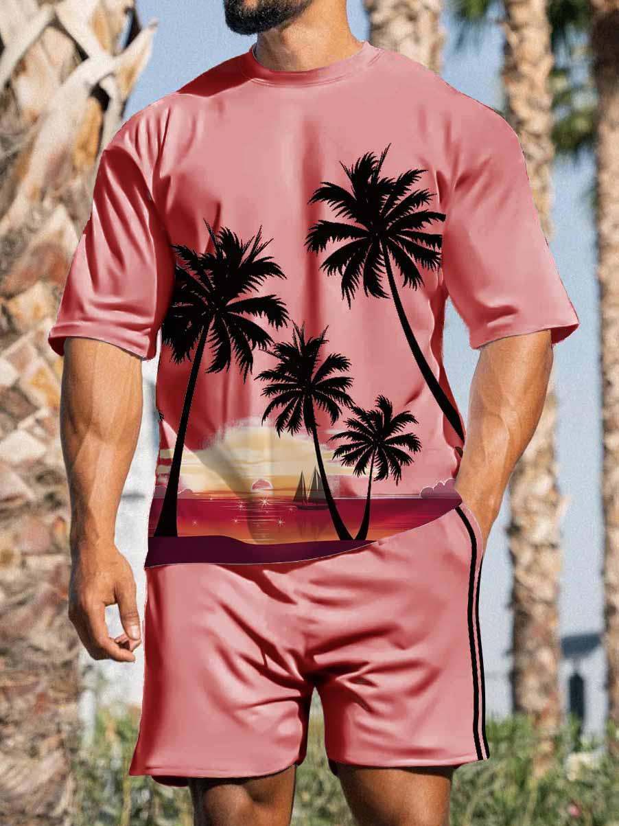 Men's Hawaiian coconut print short-sleeved T-shirt shorts two-piece set