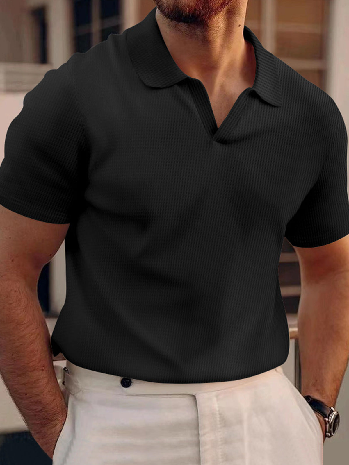 Men's waffle polo V-neck short sleeve t-shirt