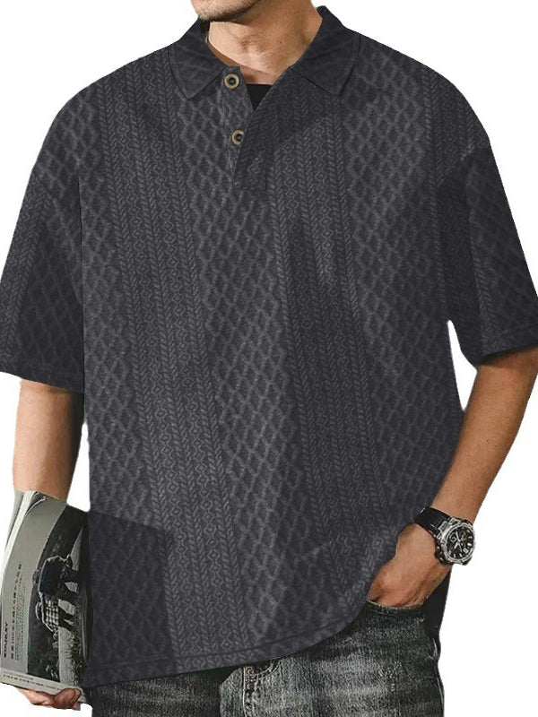 Men's Knitted Jacquard Textured Loose Lapel Solid Color T-shirt