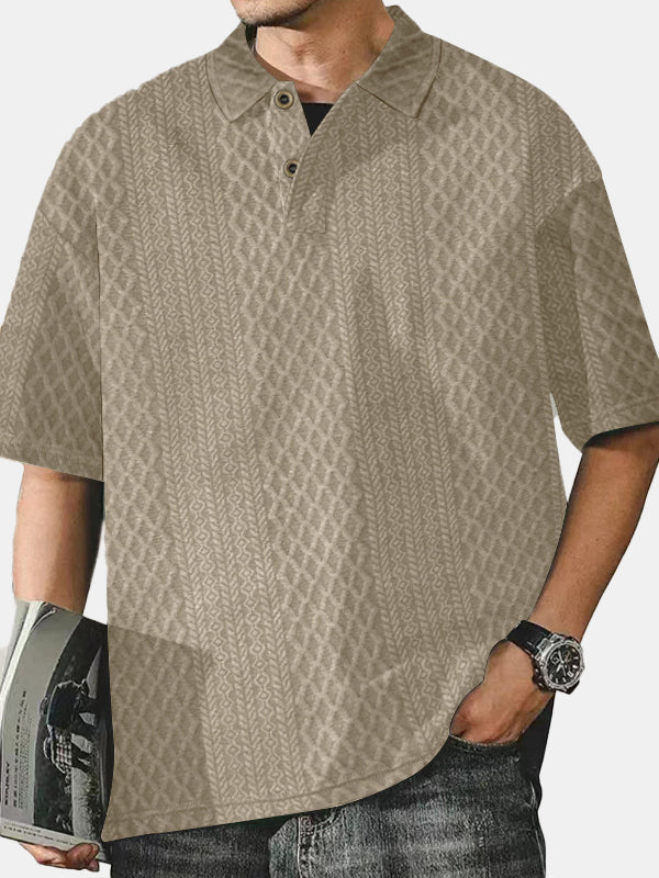 Men's Knitted Jacquard Textured Loose Lapel Solid Color T-shirt