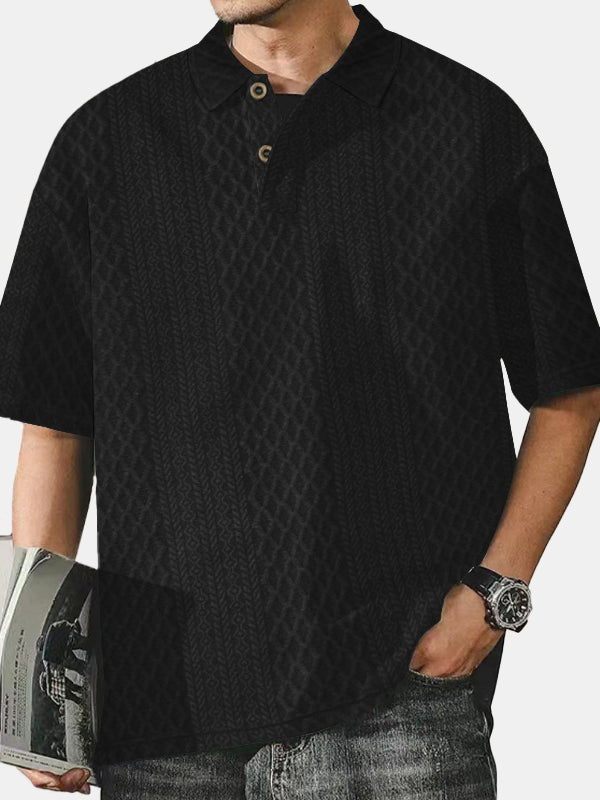 Men's Knitted Jacquard Textured Loose Lapel Solid Color T-shirt