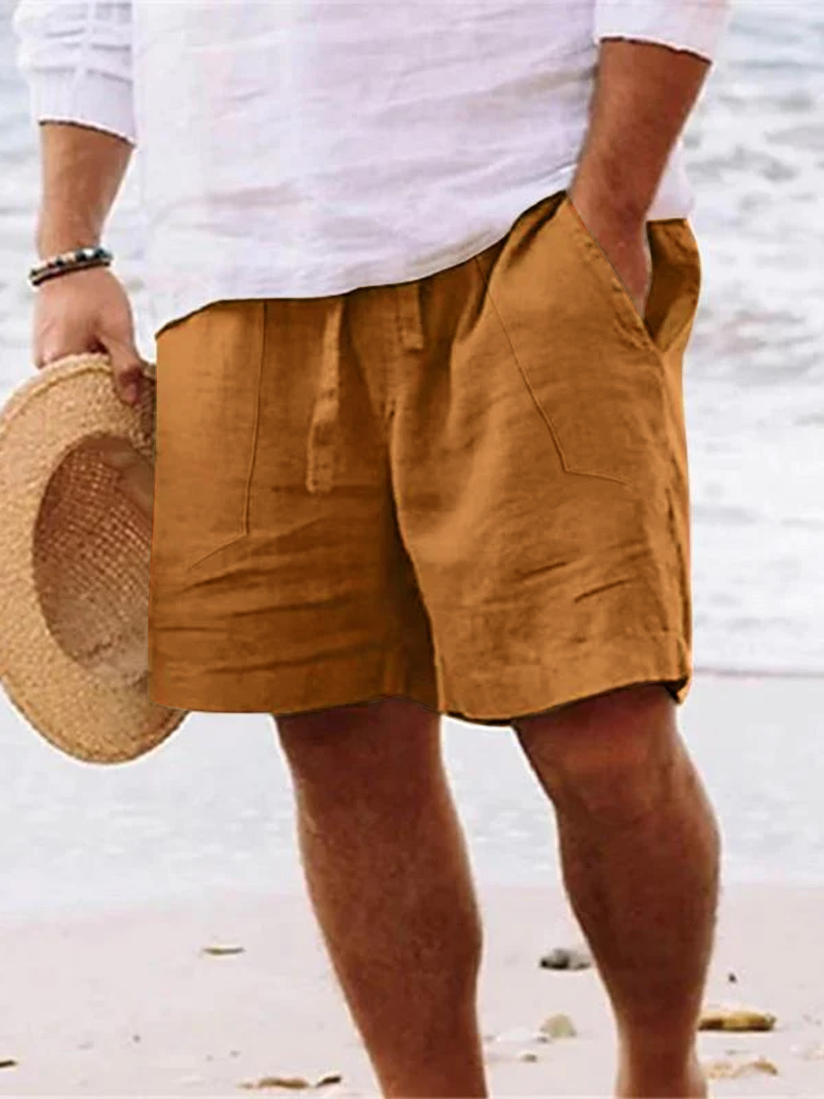 Men's Solid Color Drawstring Breathable Cotton and Linen Beach Shorts