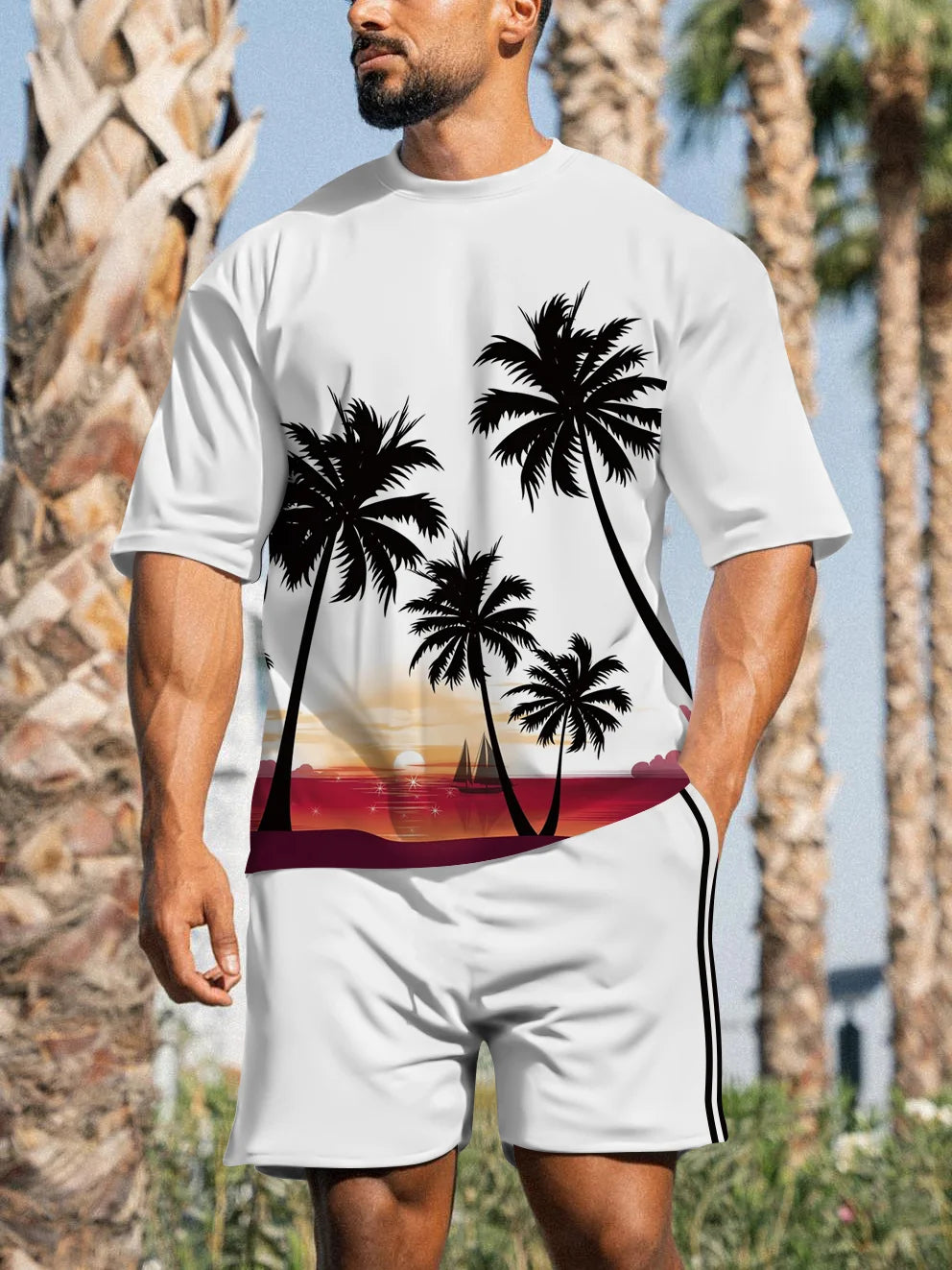 Men's Hawaiian coconut print short-sleeved T-shirt shorts two-piece set