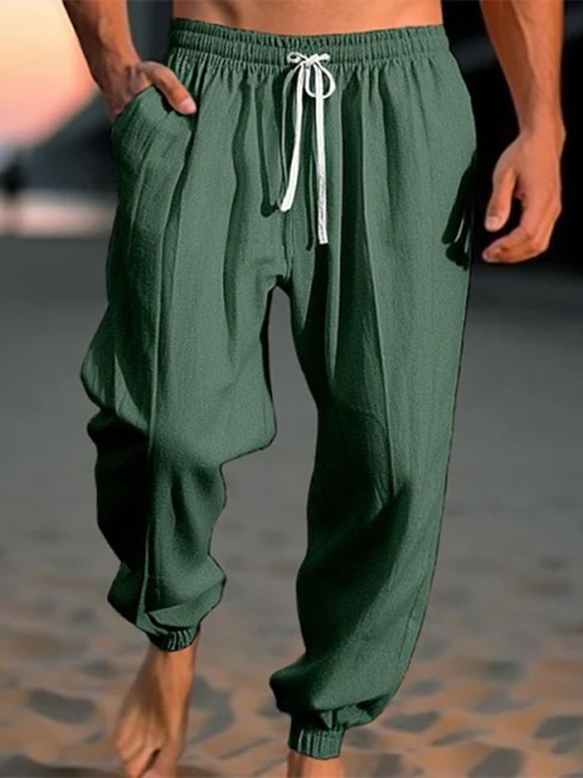 Men's cotton and linen drawstring loose casual trousers