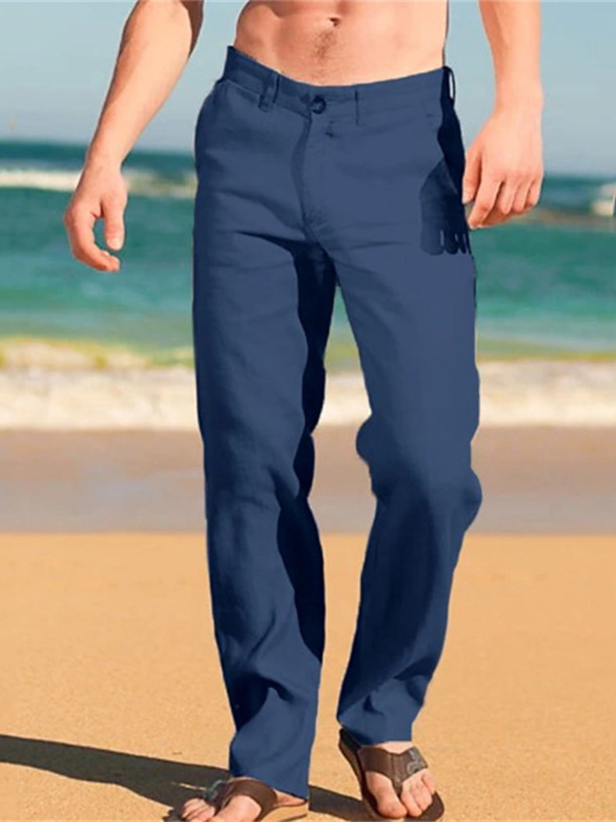 Men's linen solid color casual trousers