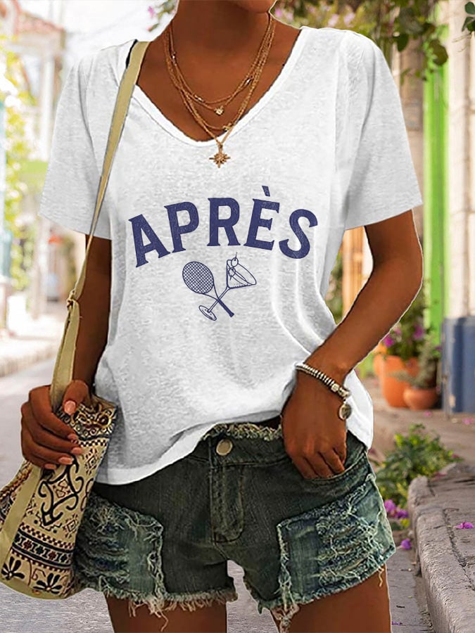 Women's Apres Tennis Printed V-Neck T-Shirt