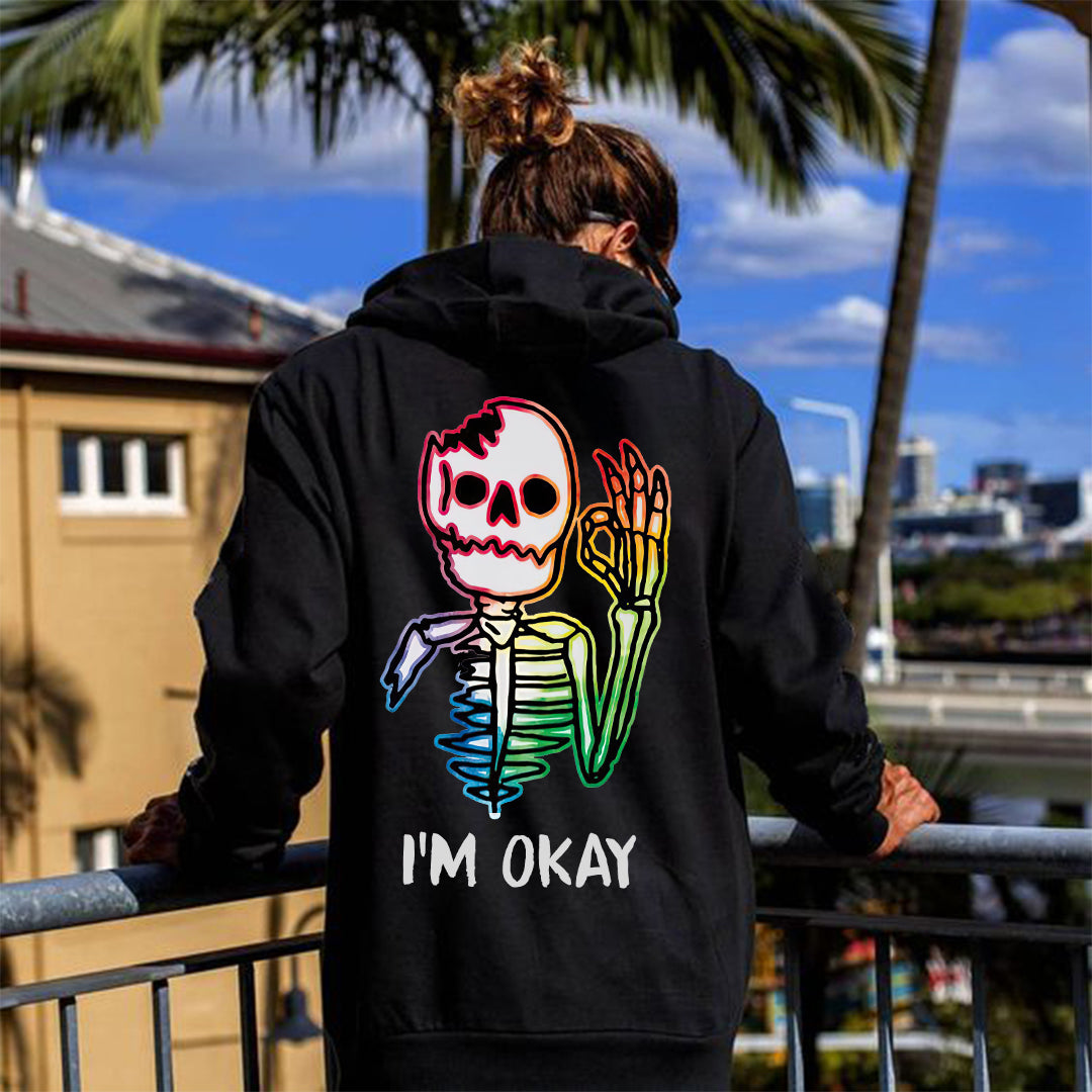 I'm Okay Fluorescent Broken Skull Printed Men's Hoodie