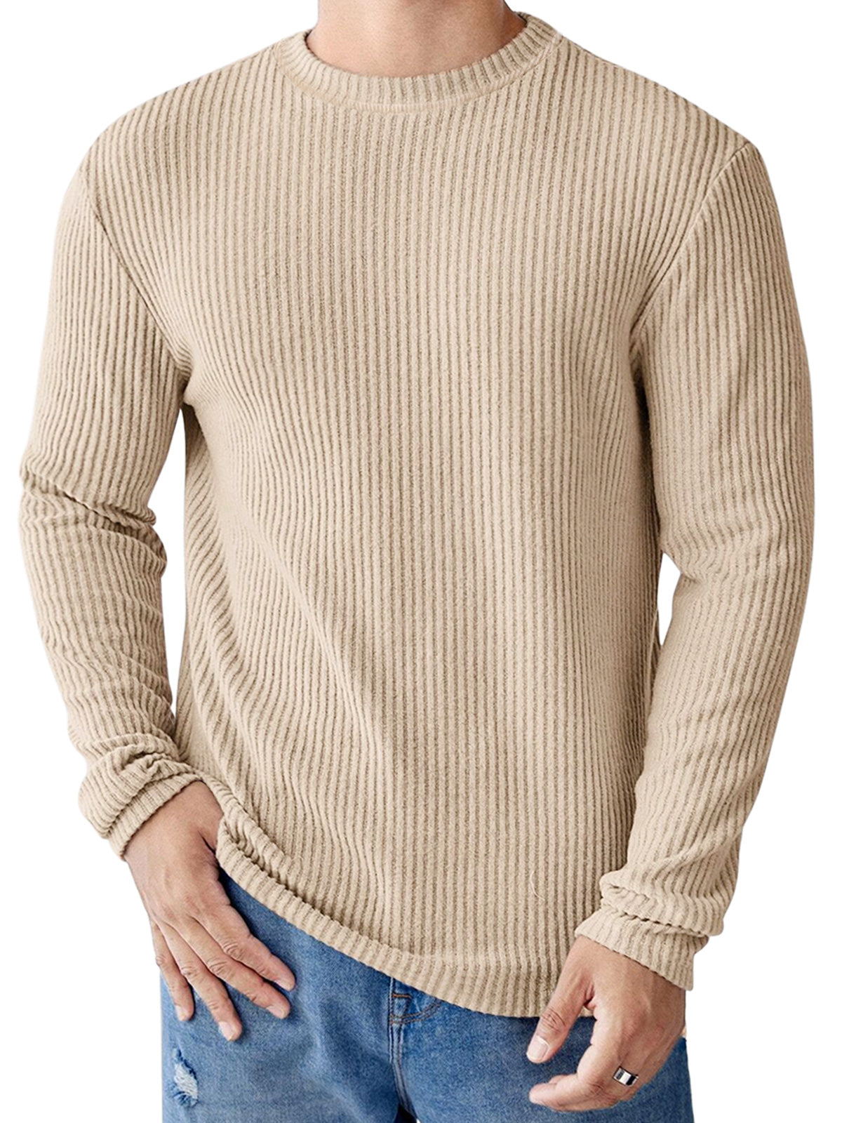 Men's Casual Round Neck Striped Loose Large Size Long Sleeve T-Shirt