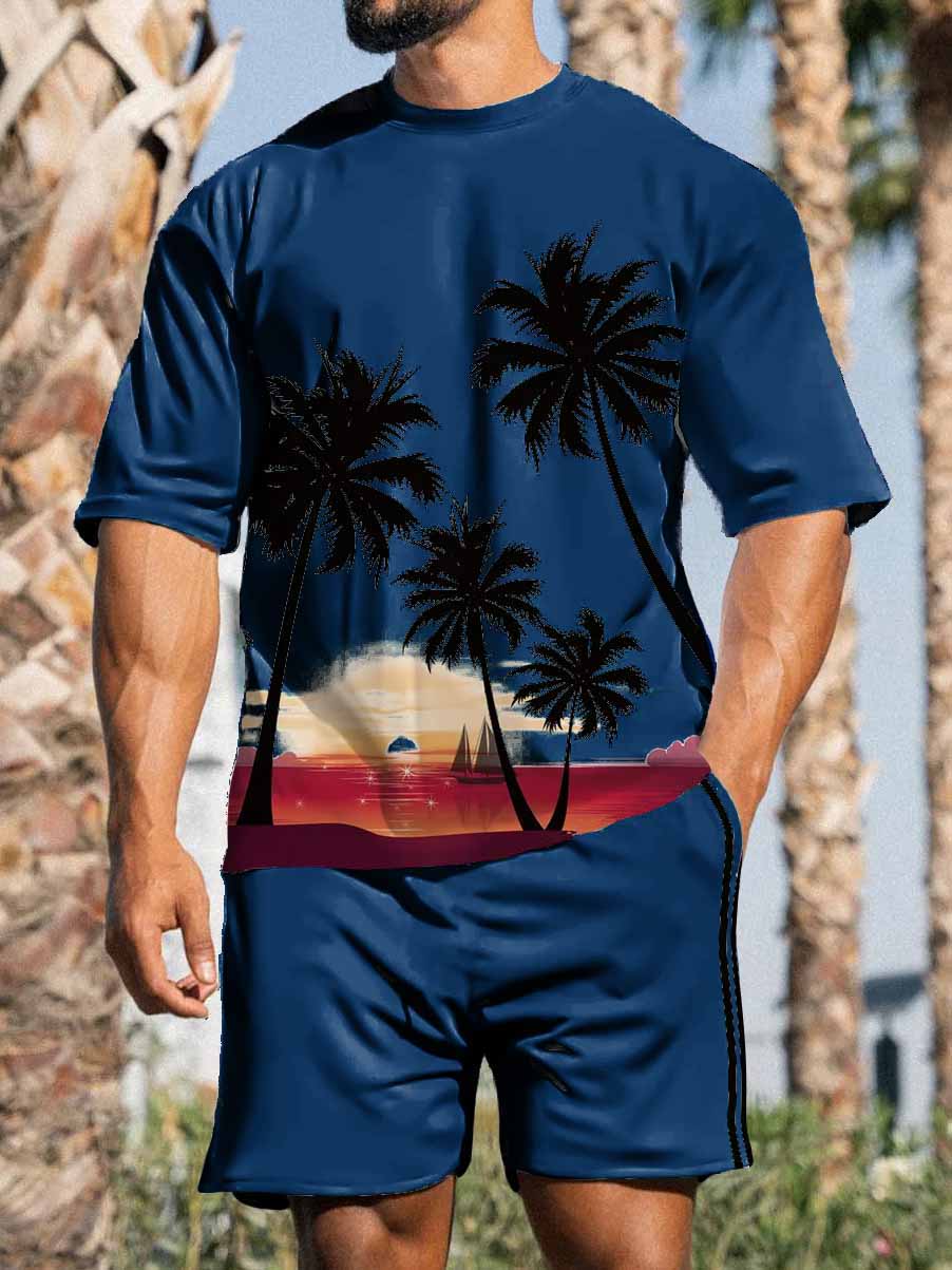 Men's Hawaiian coconut print short-sleeved T-shirt shorts two-piece set