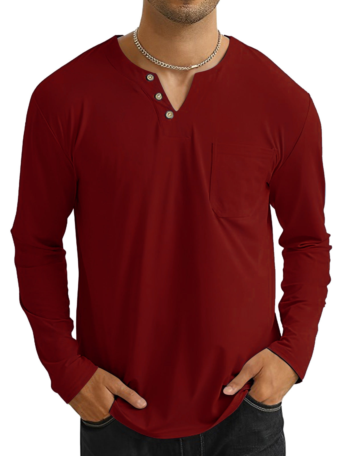 Men's v-neck button pocket long sleeve t-shirt top