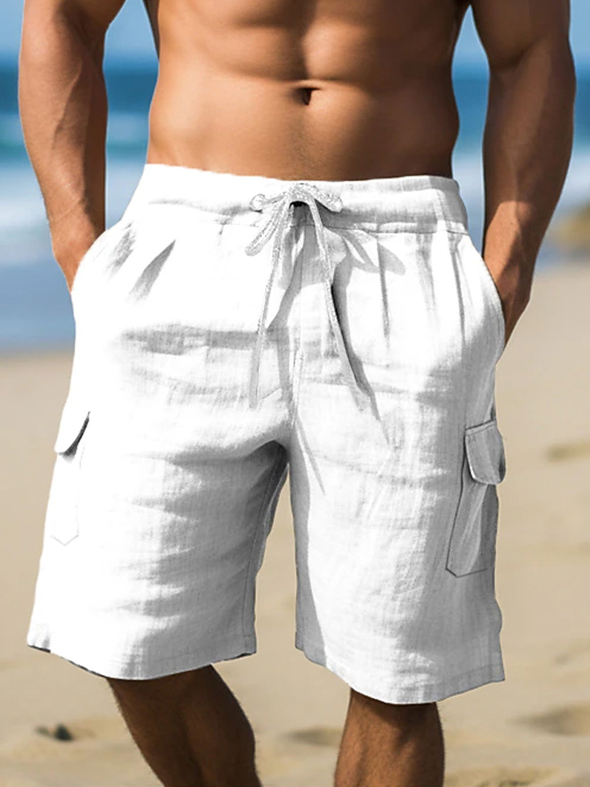 Men's Cotton and Linen Multi-Pocket Tie Beach Shorts