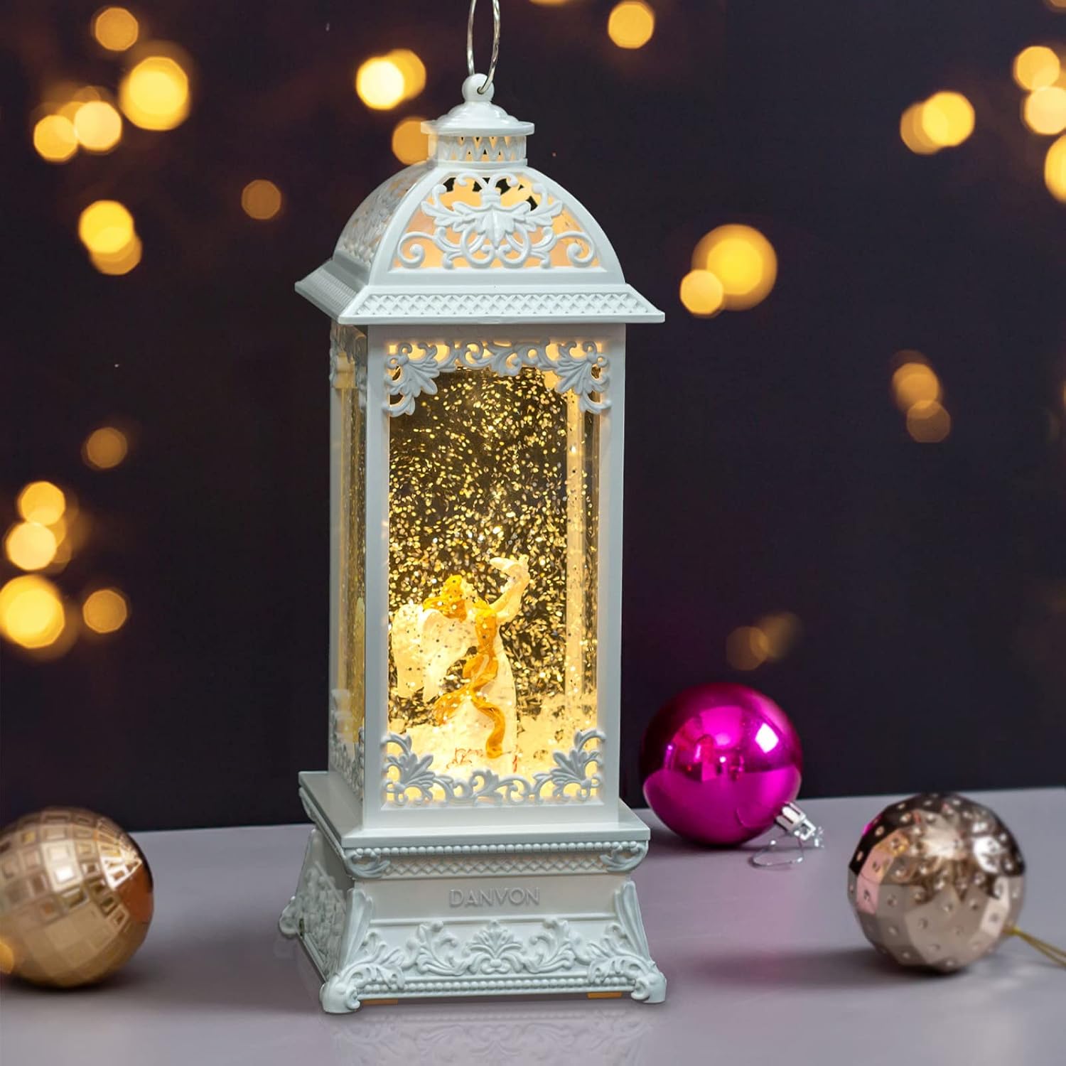 12” White Angel with The Pearl Snow Globe Lantern and 11” Christmas Telephone Booth Snow Globe Lantern