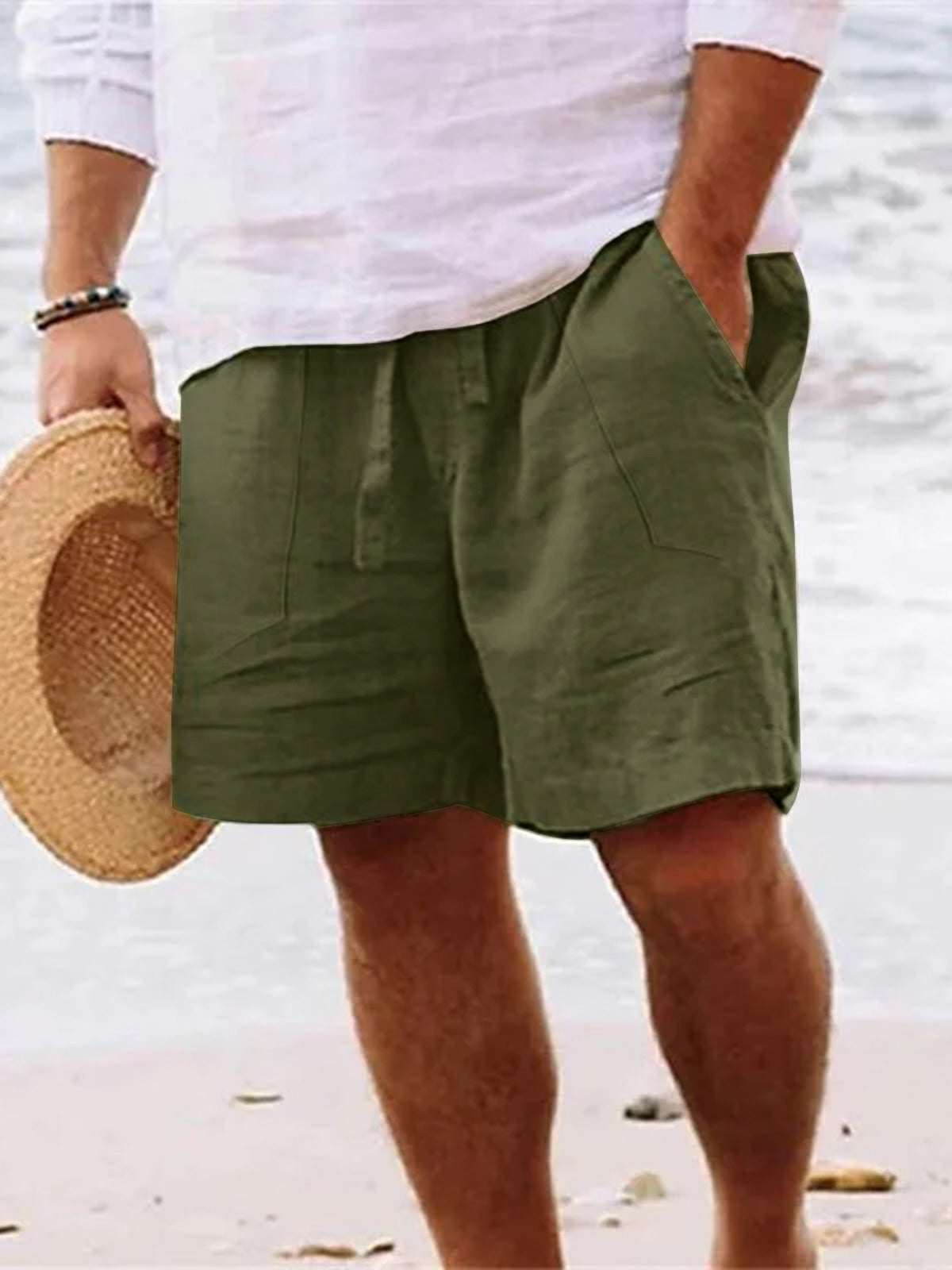 Men's Solid Color Drawstring Breathable Cotton and Linen Beach Shorts