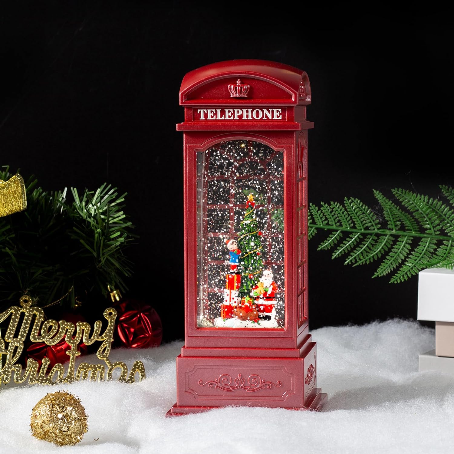 12” White Angel with The Pearl Snow Globe Lantern and 11” Christmas Telephone Booth Snow Globe Lantern