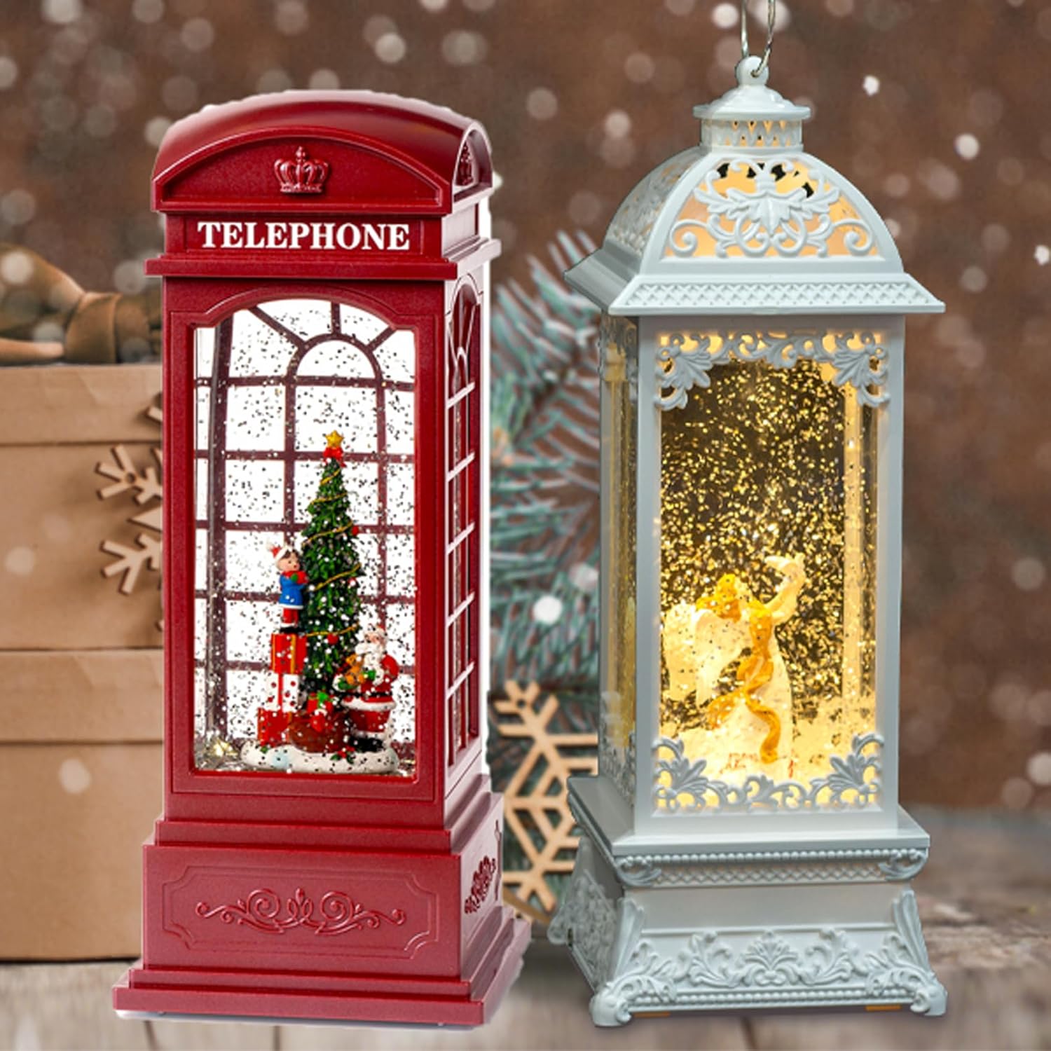 12” White Angel with The Pearl Snow Globe Lantern and 11” Christmas Telephone Booth Snow Globe Lantern