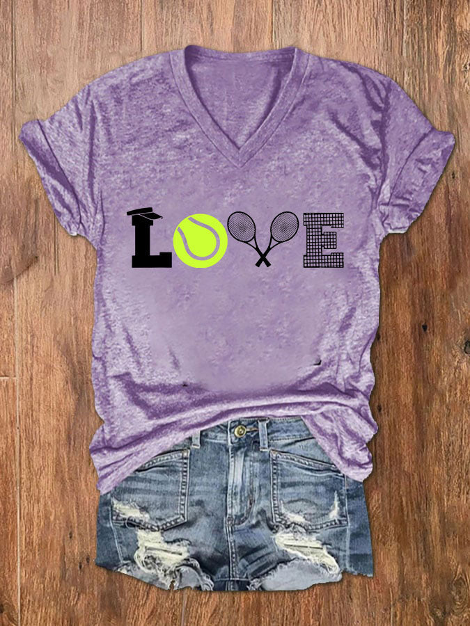 Women's Love Tennis Print V-Neck T-Shirt