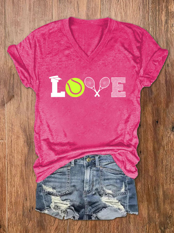 Women's Love Tennis Print V-Neck T-Shirt