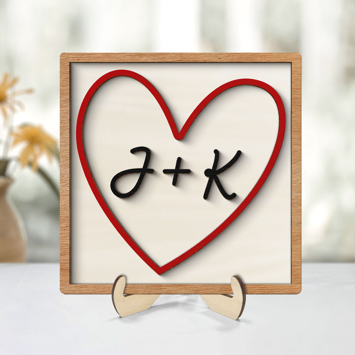 Personalized Initials Heart Sign Personalized 2-Layered Wooden Plaque, Tiered Tray Valentines Signs or Shelf Signs